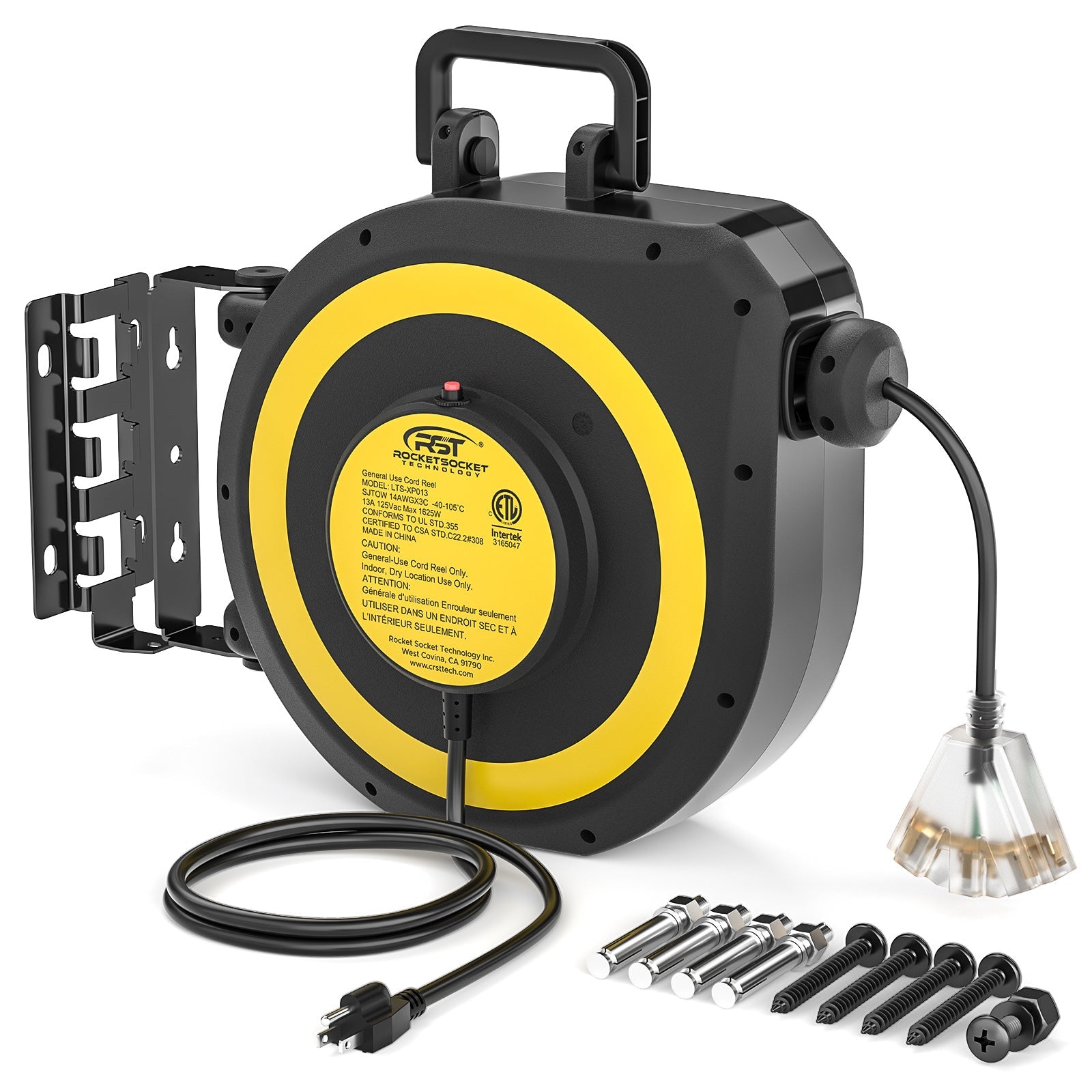 CRST 50ft Retractable Extension Cord Reel - 14AWG Heavy Duty, Lighted 3-Outlet Tap, 180° Swivel Mount, UL Listed